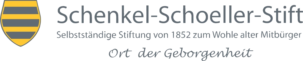 Logo der Stiftung „Schenkel-Schoeller-Stift“ in Düren, bestehend aus einem Wappenschild mit horizontalen gelben und grauen Streifen und dem Schriftzug „Schenkel-Schoeller-Stift: Selbstständige Stiftung von 1852“.